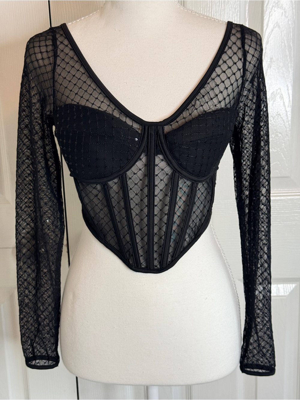 NWT Sincerely Jules Black Sequin Mesh Corset Top Long Sleeve S